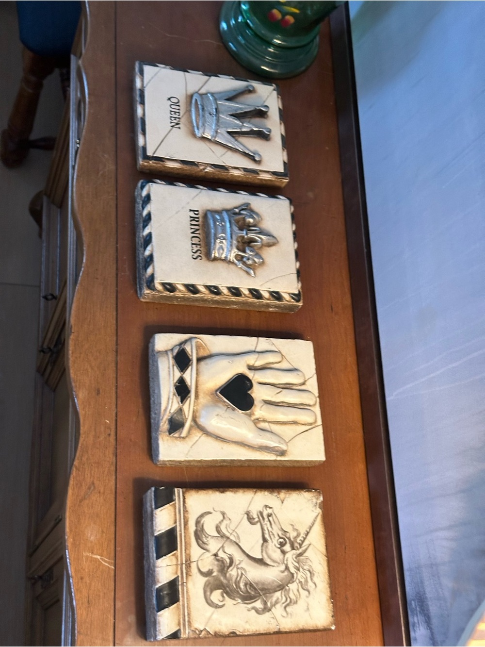 Set of 4 Cream and Silver Decorative Sid Dickens Tile Art